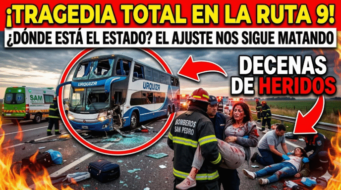 Imagen impactante del trágico vuelco de un micro de larga distancia en la Ruta 9, San Pedro. Decenas de pasajeros heridos tirados en el asfalto mientras los bomberos intentan rescatarlos en medio de la ruta abandonada.