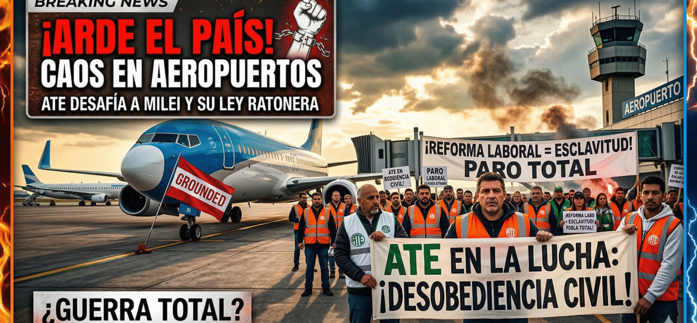 Trabajadores de ATE en paro bloqueando aeropuertos en protesta contra la reforma laboral inconstitucional del gobierno de Milei y el ajuste feroz a la clase obrera.
