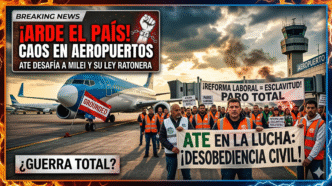 Trabajadores de ATE en paro bloqueando aeropuertos en protesta contra la reforma laboral inconstitucional del gobierno de Milei y el ajuste feroz a la clase obrera.