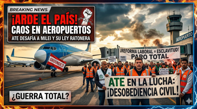 Trabajadores de ATE en paro bloqueando aeropuertos en protesta contra la reforma laboral inconstitucional del gobierno de Milei y el ajuste feroz a la clase obrera.