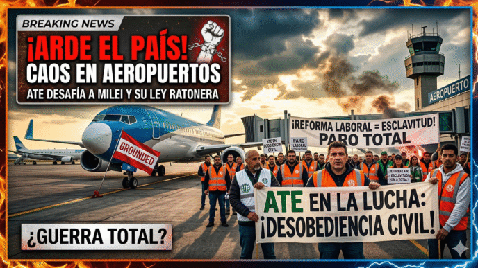 Trabajadores de ATE en paro bloqueando aeropuertos en protesta contra la reforma laboral inconstitucional del gobierno de Milei y el ajuste feroz a la clase obrera.