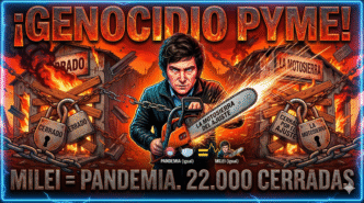 Javier Milei con una motosierra destruyendo pymes y comercios. Cierre masivo de 22000 empresas en Argentina por el ajuste libertario, una crisis económica peor que la pandemia.