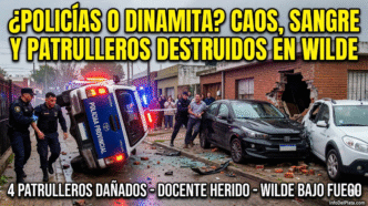 Patrullero volcado y auto incrustado en una casa tras brutal choque y persecución policial en Wilde. Inseguridad, descontrol y caos en el Conurbano bonaerense por el ajuste.