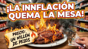 Asado y billetes prendidos fuego que representan cómo la inflación en marzo quema el bolsillo de los argentinos por el ajuste del gobierno.