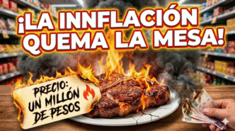 Asado y billetes prendidos fuego que representan cómo la inflación en marzo quema el bolsillo de los argentinos por el ajuste del gobierno.