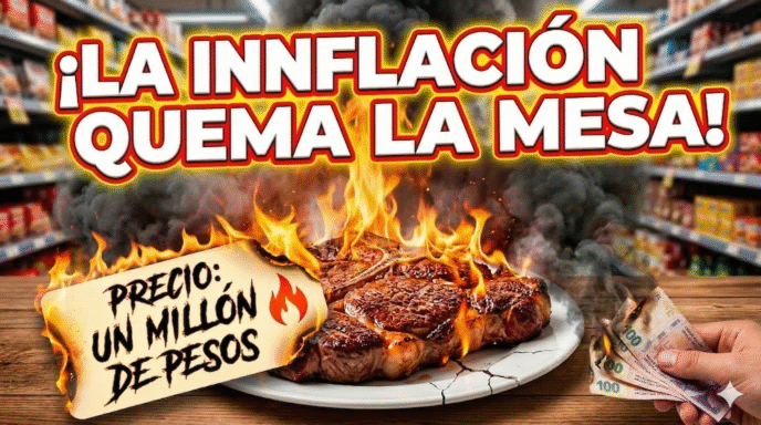 Asado y billetes prendidos fuego que representan cómo la inflación en marzo quema el bolsillo de los argentinos por el ajuste del gobierno.