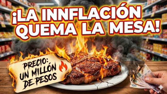 Asado y billetes prendidos fuego que representan cómo la inflación en marzo quema el bolsillo de los argentinos por el ajuste del gobierno.