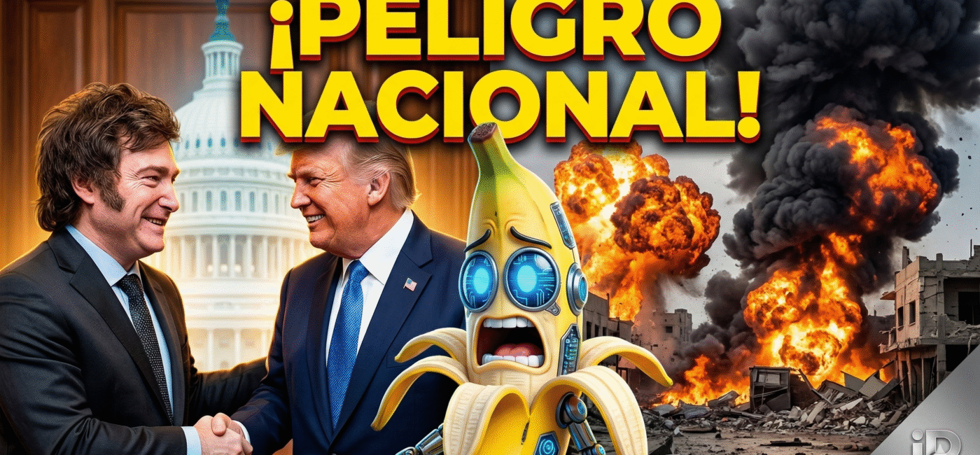 Imagen editorial ilustrada de impacto para Info del Plata, mostrando a Javier Milei estrechando la mano de Donald Trump en Washington, con explosiones de guerra mundial de fondo y un personaje de banana cibernética aterrorizado. Título superpuesto: ¡PELIGRO NACIONAL!. Justicia social y soberanía argentina.