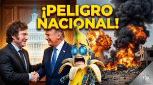 Imagen editorial ilustrada de impacto para Info del Plata, mostrando a Javier Milei estrechando la mano de Donald Trump en Washington, con explosiones de guerra mundial de fondo y un personaje de banana cibernética aterrorizado. Título superpuesto: ¡PELIGRO NACIONAL!. Justicia social y soberanía argentina.