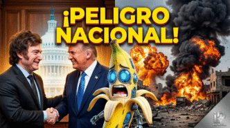Imagen editorial ilustrada de impacto para Info del Plata, mostrando a Javier Milei estrechando la mano de Donald Trump en Washington, con explosiones de guerra mundial de fondo y un personaje de banana cibernética aterrorizado. Título superpuesto: ¡PELIGRO NACIONAL!. Justicia social y soberanía argentina.