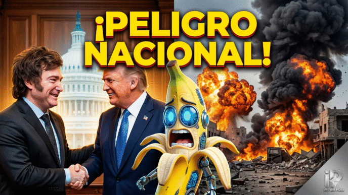 Imagen editorial ilustrada de impacto para Info del Plata, mostrando a Javier Milei estrechando la mano de Donald Trump en Washington, con explosiones de guerra mundial de fondo y un personaje de banana cibernética aterrorizado. Título superpuesto: ¡PELIGRO NACIONAL!. Justicia social y soberanía argentina.