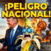 Imagen editorial ilustrada de impacto para Info del Plata, mostrando a Javier Milei estrechando la mano de Donald Trump en Washington, con explosiones de guerra mundial de fondo y un personaje de banana cibernética aterrorizado. Título superpuesto: ¡PELIGRO NACIONAL!. Justicia social y soberanía argentina.