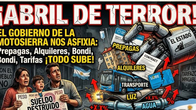 Familia argentina desesperada con sueldo destruido por la inflación frente a una motosierra del gobierno que impulsa el brutal tarifazo de abril en luz, agua, transporte, prepagas y alquileres.