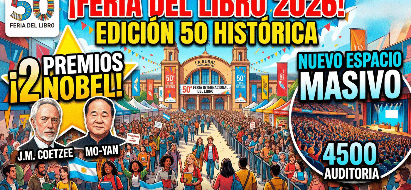 Multitud de personas en la entrada de La Rural para la Feria Internacional del Libro de Buenos Aires 2026 edición 50 con Premios Nobel y mega auditorio.
