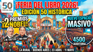 Multitud de personas en la entrada de La Rural para la Feria Internacional del Libro de Buenos Aires 2026 edición 50 con Premios Nobel y mega auditorio.