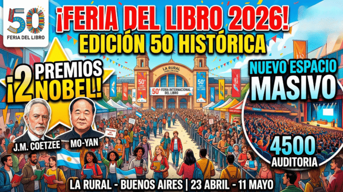 Multitud de personas en la entrada de La Rural para la Feria Internacional del Libro de Buenos Aires 2026 edición 50 con Premios Nobel y mega auditorio.