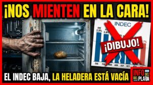 Imagen sensacionalista de una heladera vacía con una mano obrera y un gráfico del INDEC tachado con la palabra DIBUJO. Crítica a la inflación de febrero 2026 en Argentina y la gestión económica de Caputo. (Esto es clave para el SEO de Google Imágenes).