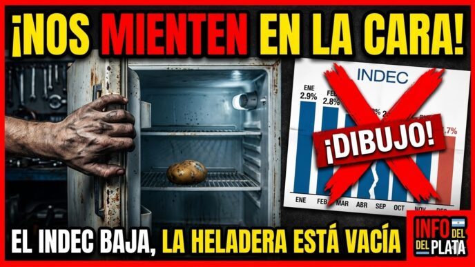 Imagen sensacionalista de una heladera vacía con una mano obrera y un gráfico del INDEC tachado con la palabra DIBUJO. Crítica a la inflación de febrero 2026 en Argentina y la gestión económica de Caputo. (Esto es clave para el SEO de Google Imágenes).
