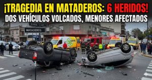 Dos autos completamente volcados en Mataderos tras un choque brutal con seis heridos, incluyendo tres menores de edad. Ambulancias del SAME y Bomberos de la Ciudad trabajando en el lugar del accidente.