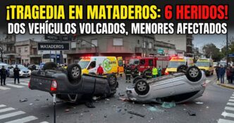 Dos autos completamente volcados en Mataderos tras un choque brutal con seis heridos, incluyendo tres menores de edad. Ambulancias del SAME y Bomberos de la Ciudad trabajando en el lugar del accidente.