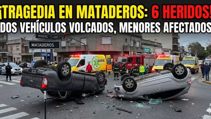 Dos autos completamente volcados en Mataderos tras un choque brutal con seis heridos, incluyendo tres menores de edad. Ambulancias del SAME y Bomberos de la Ciudad trabajando en el lugar del accidente.