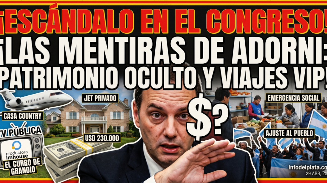 Ilustración que muestra a Manuel Adorni rodeado de símbolos de corrupción como un jet privado, dólares y una mansión en un country, contrastando fuertemente con el pueblo sufriendo hambre por la emergencia social, ilustrando su patrimonio oculto y los negocios con la TV Pública.