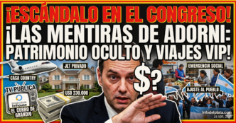 Ilustración que muestra a Manuel Adorni rodeado de símbolos de corrupción como un jet privado, dólares y una mansión en un country, contrastando fuertemente con el pueblo sufriendo hambre por la emergencia social, ilustrando su patrimonio oculto y los negocios con la TV Pública.
