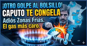Ministro Luis Caputo ajustando tarifas frente a una hornalla de gas congelada y mapa de Argentina, simbolizando el brutal recorte de subsidios al gas en Zonas Frías.