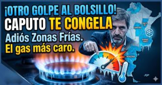 Ministro Luis Caputo ajustando tarifas frente a una hornalla de gas congelada y mapa de Argentina, simbolizando el brutal recorte de subsidios al gas en Zonas Frías.