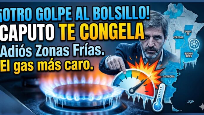 Ministro Luis Caputo ajustando tarifas frente a una hornalla de gas congelada y mapa de Argentina, simbolizando el brutal recorte de subsidios al gas en Zonas Frías.