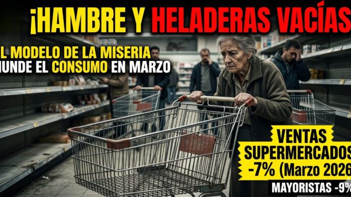 Jubilada llora frente a góndolas vacías con changuito de compras sin comida por la brutal caída del consumo masivo en marzo 2026