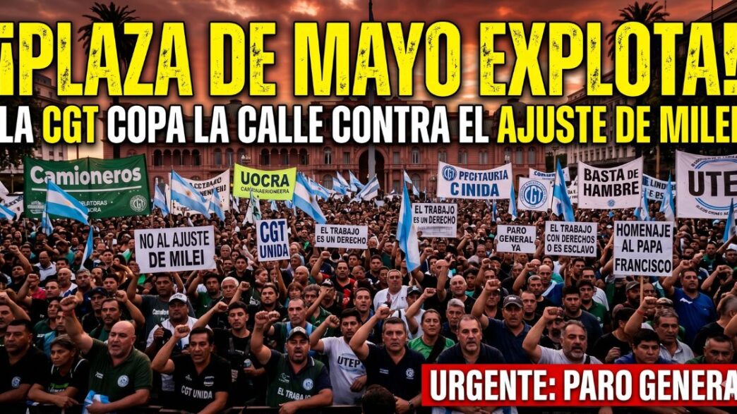 Multitudinaria movilización de la CGT en Plaza de Mayo con pancartas de "Basta de Hambre" y "Paro General" contra el ajuste de Javier Milei.