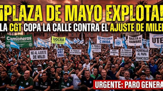 Multitudinaria movilización de la CGT en Plaza de Mayo con pancartas de "Basta de Hambre" y "Paro General" contra el ajuste de Javier Milei.