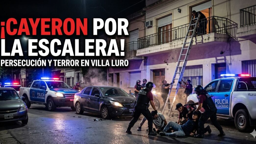 Policía de la Ciudad reduciendo a delincuentes en el asfalto tras una persecución nocturna en Villa Luro, con patrulleros y una escalera apoyada en un balcón.