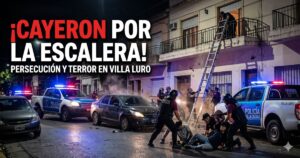 Policía de la Ciudad reduciendo a delincuentes en el asfalto tras una persecución nocturna en Villa Luro, con patrulleros y una escalera apoyada en un balcón.