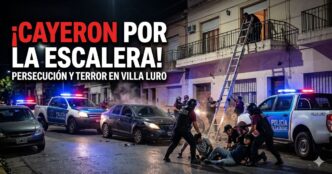 Policía de la Ciudad reduciendo a delincuentes en el asfalto tras una persecución nocturna en Villa Luro, con patrulleros y una escalera apoyada en un balcón.