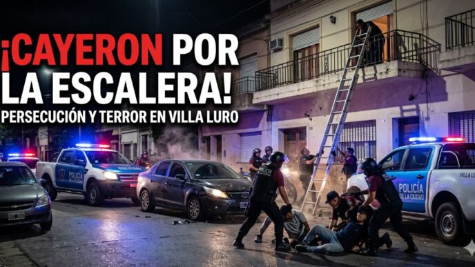 Policía de la Ciudad reduciendo a delincuentes en el asfalto tras una persecución nocturna en Villa Luro, con patrulleros y una escalera apoyada en un balcón.