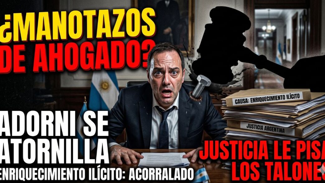 Manuel Adorni atornillado a su escritorio de la Casa Rosada, con expresión de pánico y sudoroso, mientras un mazo de la justicia lo acecha. Incluye textos grandes y rojos: ¿MANOTAZOS DE AHOGADO? ADORNI SE ATORNILLA. JUSTICIA LE PISA LOS TALONES. ENRIQUECIMIENTO ILÍCITO: ACORRALADO.