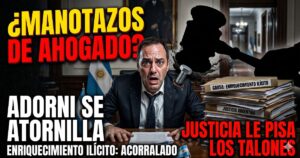 Manuel Adorni atornillado a su escritorio de la Casa Rosada, con expresión de pánico y sudoroso, mientras un mazo de la justicia lo acecha. Incluye textos grandes y rojos: ¿MANOTAZOS DE AHOGADO? ADORNI SE ATORNILLA. JUSTICIA LE PISA LOS TALONES. ENRIQUECIMIENTO ILÍCITO: ACORRALADO.