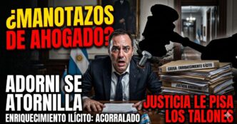Manuel Adorni atornillado a su escritorio de la Casa Rosada, con expresión de pánico y sudoroso, mientras un mazo de la justicia lo acecha. Incluye textos grandes y rojos: ¿MANOTAZOS DE AHOGADO? ADORNI SE ATORNILLA. JUSTICIA LE PISA LOS TALONES. ENRIQUECIMIENTO ILÍCITO: ACORRALADO.