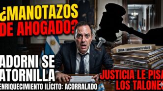 Manuel Adorni atornillado a su escritorio de la Casa Rosada, con expresión de pánico y sudoroso, mientras un mazo de la justicia lo acecha. Incluye textos grandes y rojos: ¿MANOTAZOS DE AHOGADO? ADORNI SE ATORNILLA. JUSTICIA LE PISA LOS TALONES. ENRIQUECIMIENTO ILÍCITO: ACORRALADO.