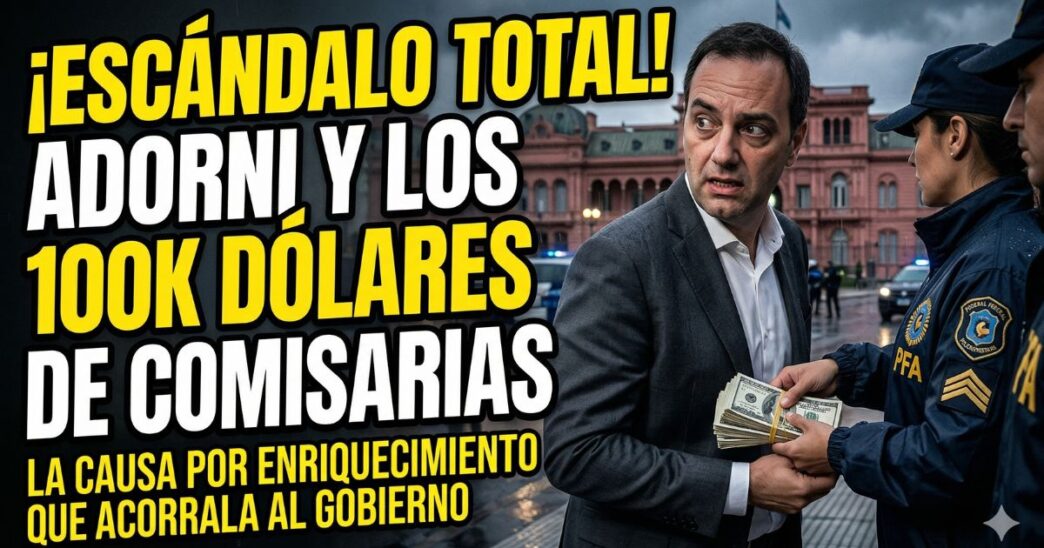 Manuel Adorni envuelto en escándalo de corrupción recibiendo 100 mil dólares. Causa por enriquecimiento ilícito, comisarias prestamistas y ajuste en el gobierno de Javier Milei.