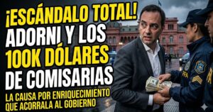Manuel Adorni envuelto en escándalo de corrupción recibiendo 100 mil dólares. Causa por enriquecimiento ilícito, comisarias prestamistas y ajuste en el gobierno de Javier Milei.