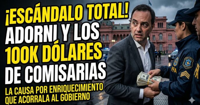 Manuel Adorni envuelto en escándalo de corrupción recibiendo 100 mil dólares. Causa por enriquecimiento ilícito, comisarias prestamistas y ajuste en el gobierno de Javier Milei.