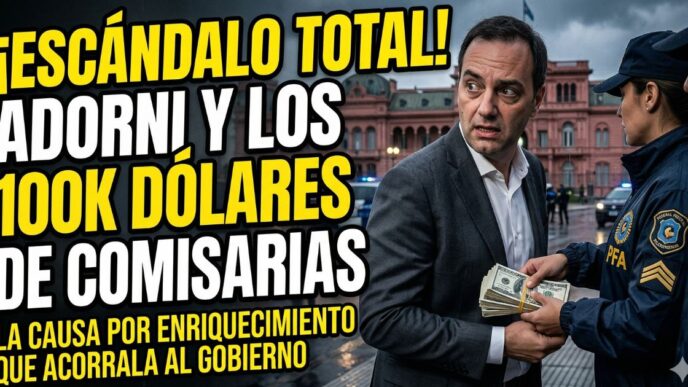 Manuel Adorni envuelto en escándalo de corrupción recibiendo 100 mil dólares. Causa por enriquecimiento ilícito, comisarias prestamistas y ajuste en el gobierno de Javier Milei.