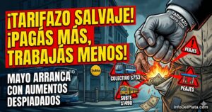 Aumento de colectivo y subte mayo 2026 AMBA. Ilustración de un bolsillo en llamas y un puño exprimiendo el salario de los trabajadores por el nuevo tarifazo salvaje al transporte público.