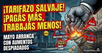 Aumento de colectivo y subte mayo 2026 AMBA. Ilustración de un bolsillo en llamas y un puño exprimiendo el salario de los trabajadores por el nuevo tarifazo salvaje al transporte público.