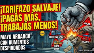 Aumento de colectivo y subte mayo 2026 AMBA. Ilustración de un bolsillo en llamas y un puño exprimiendo el salario de los trabajadores por el nuevo tarifazo salvaje al transporte público.