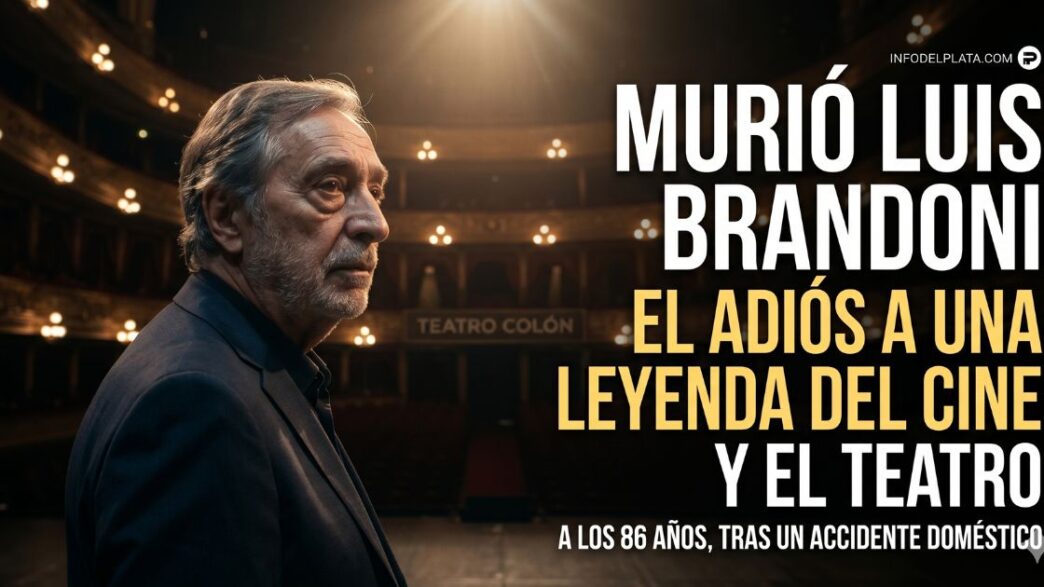 Murió Luis Brandoni. Retrato del actor argentino Luis Brandoni con texto de última noticia sobre su fallecimiento a los 86 años tras un accidente doméstico.