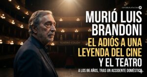 Murió Luis Brandoni. Retrato del actor argentino Luis Brandoni con texto de última noticia sobre su fallecimiento a los 86 años tras un accidente doméstico.